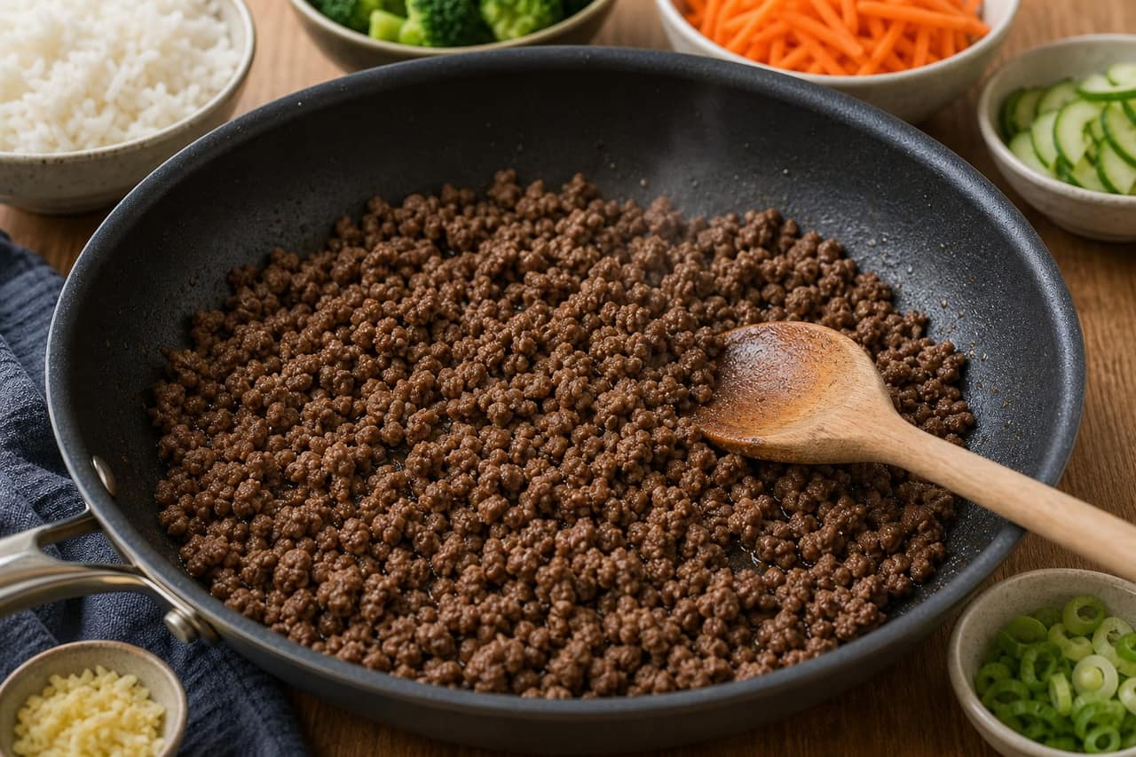 Korean-Style Beef Bulgogi Rice Bowls cooking step 4: Brown the beef.