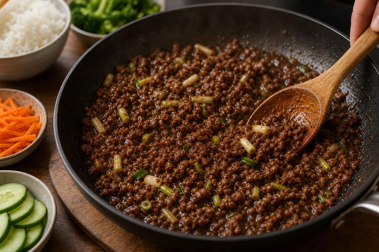 Korean-Style Beef Bulgogi Rice Bowls cooking step 5: Glaze the beef.