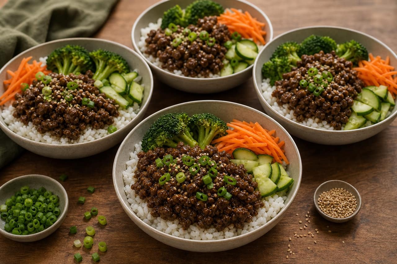 Korean-Style Beef Bulgogi Rice Bowls cooking step 6: Assemble the bowls.