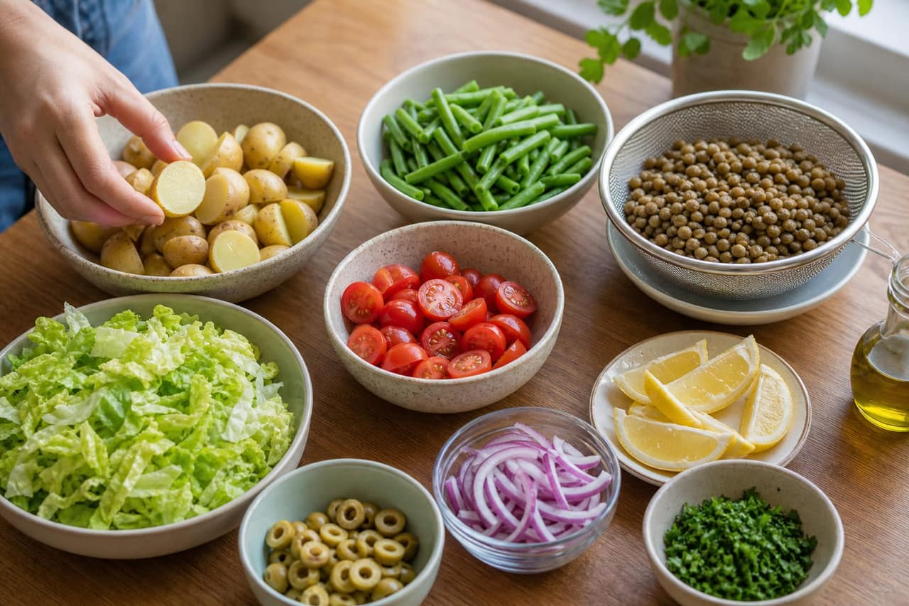 Lentil Potato Green Bean Lunch Boxes cooking step 1: Prepare the salad ingredients.