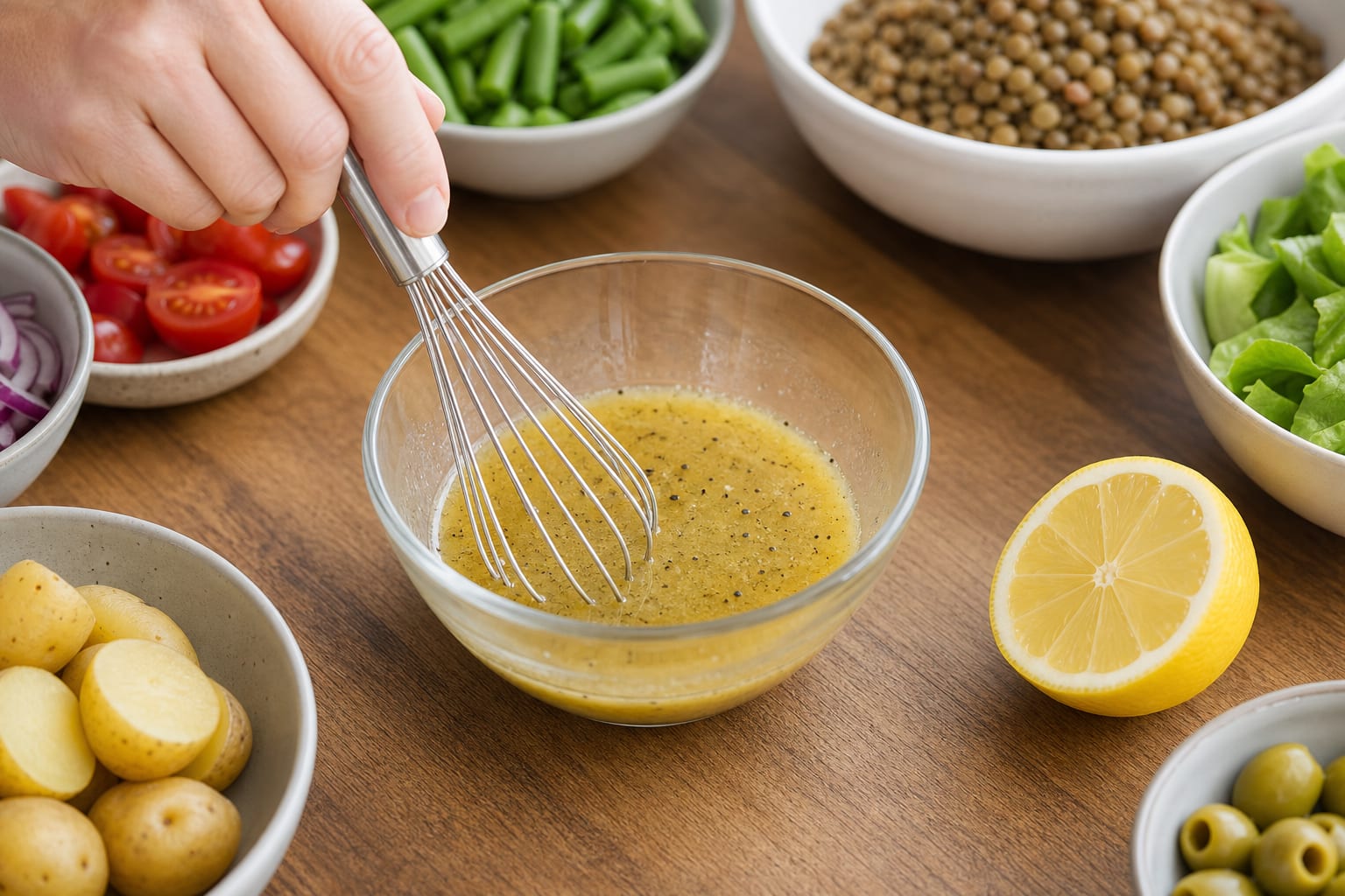 Lentil Potato Green Bean Lunch Boxes cooking step 3: Make the dressing.