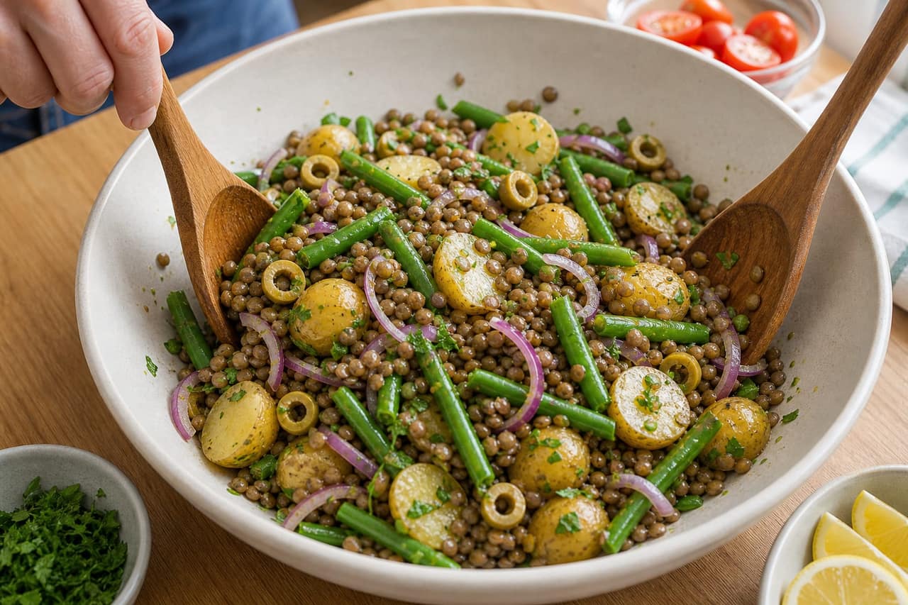 Lentil Potato Green Bean Lunch Boxes cooking step 4: Dress the lentils.