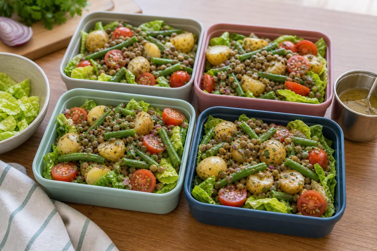Lentil Potato Green Bean Lunch Boxes cooking step 5: Pack the boxes.