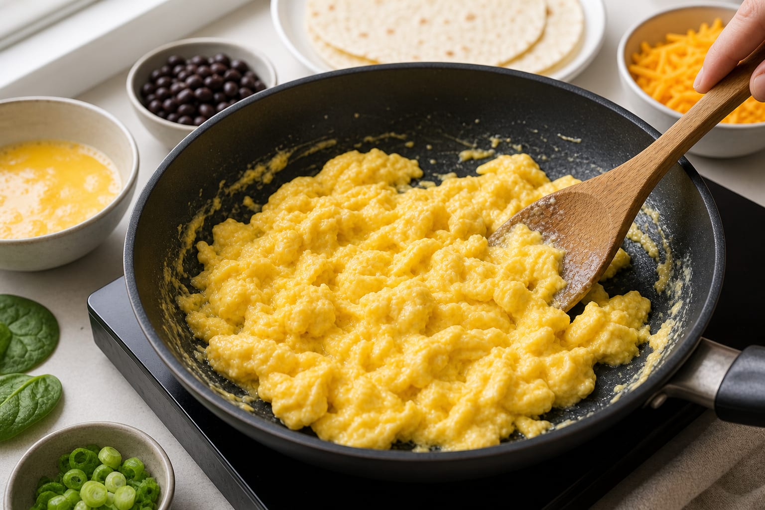 Mexican-Style Breakfast Bean Quesadillas cooking step 3: Soft-scramble the eggs.