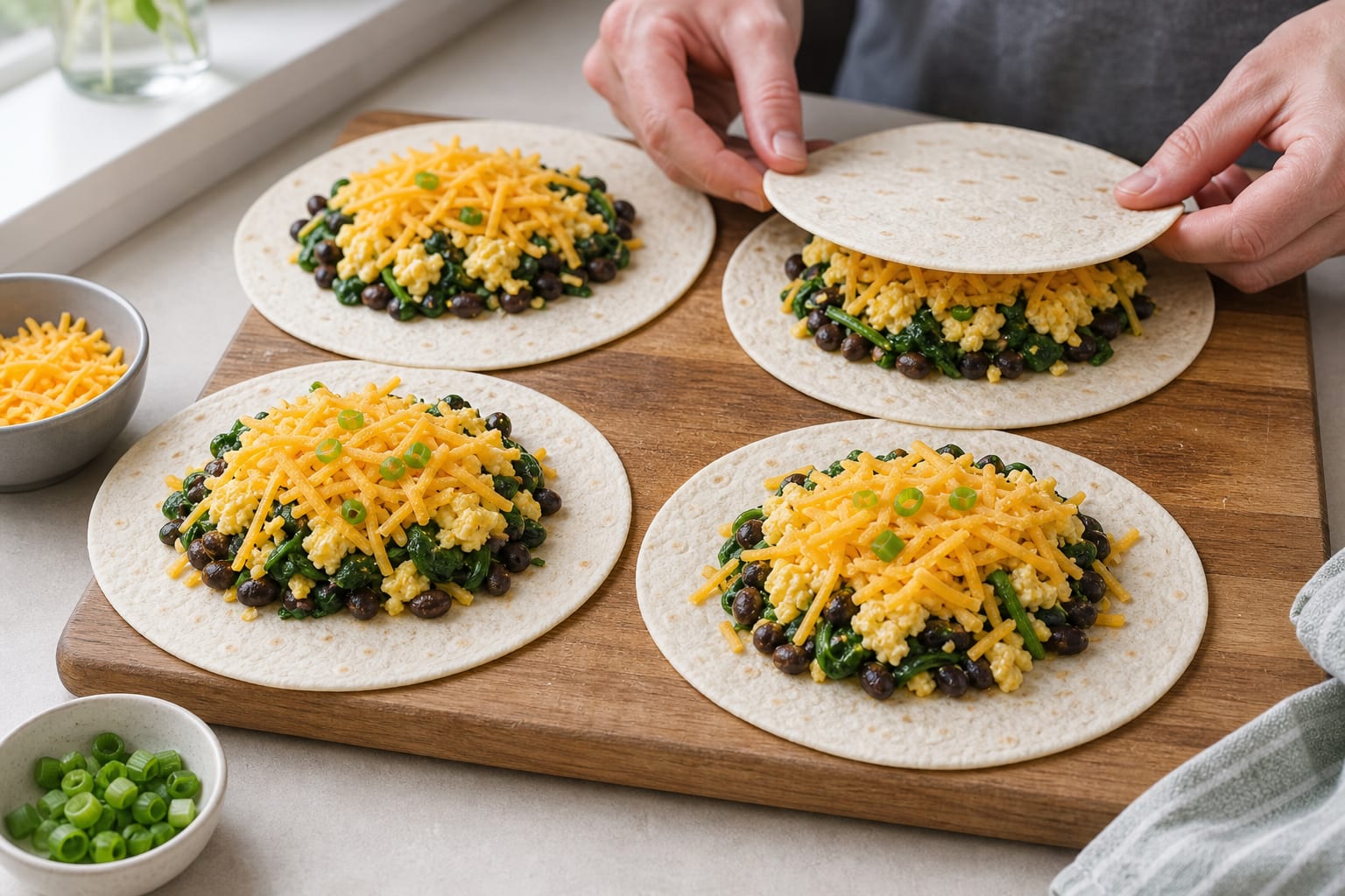 Mexican-Style Breakfast Bean Quesadillas cooking step 4: Fill the tortillas.