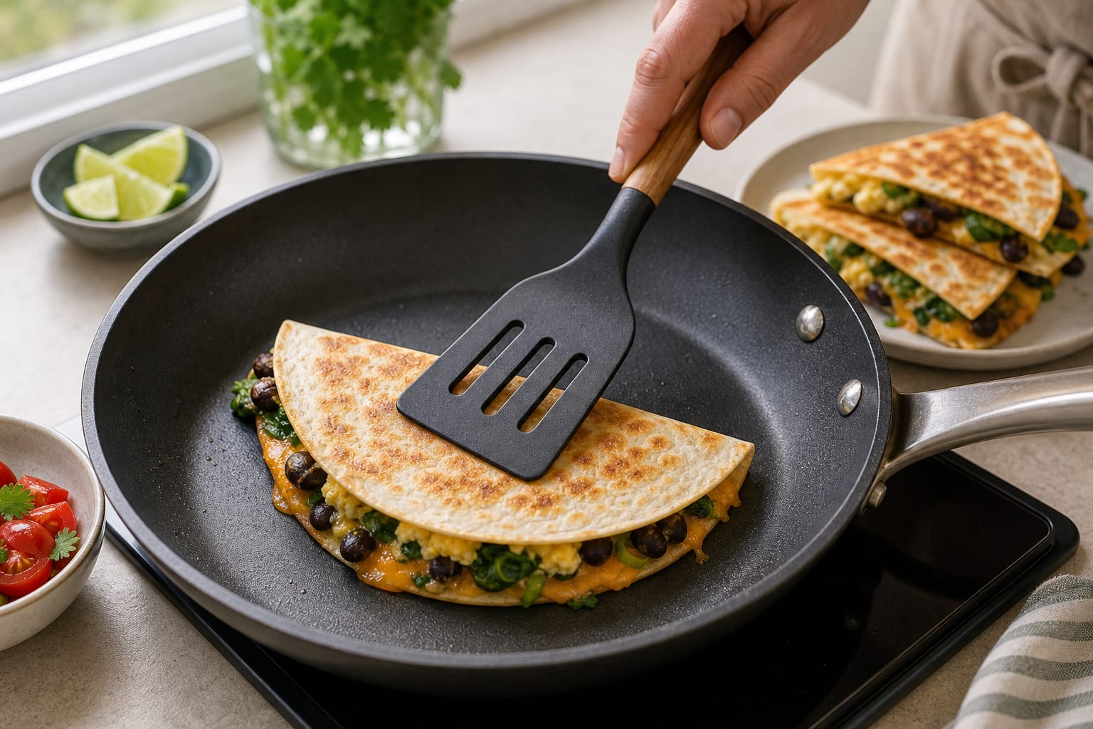 Mexican-Style Breakfast Bean Quesadillas cooking step 5: Crisp the quesadillas.