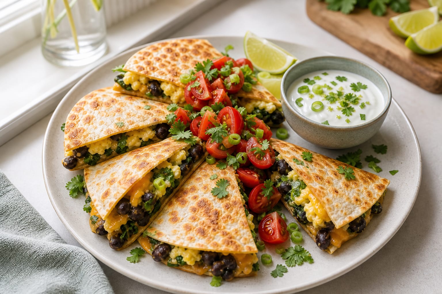 Mexican-Style Breakfast Bean Quesadillas cooking step 6: Serve with tomatoes.