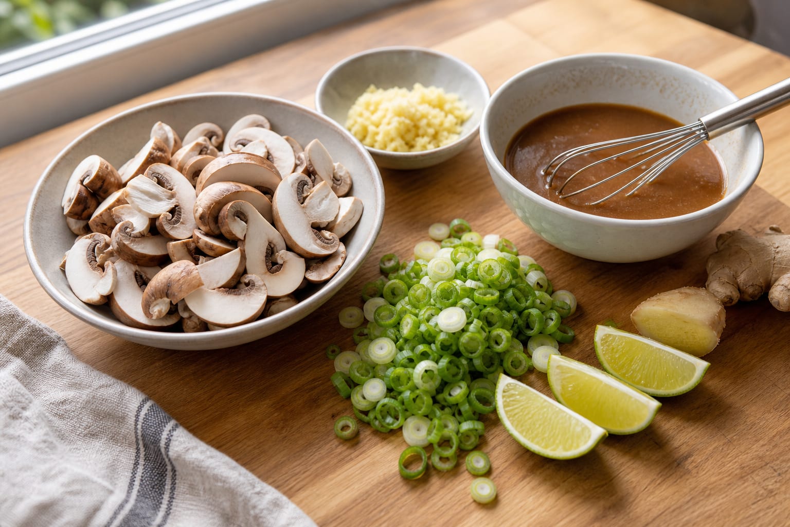 Miso Mushroom Egg Breakfast Rice Bowls cooking step 1: Prepare the vegetables and sauce.