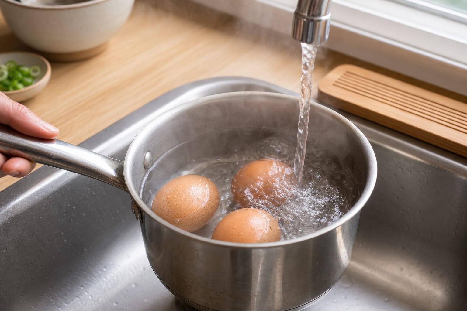 Miso Mushroom Egg Breakfast Rice Bowls cooking step 2: Boil the eggs.