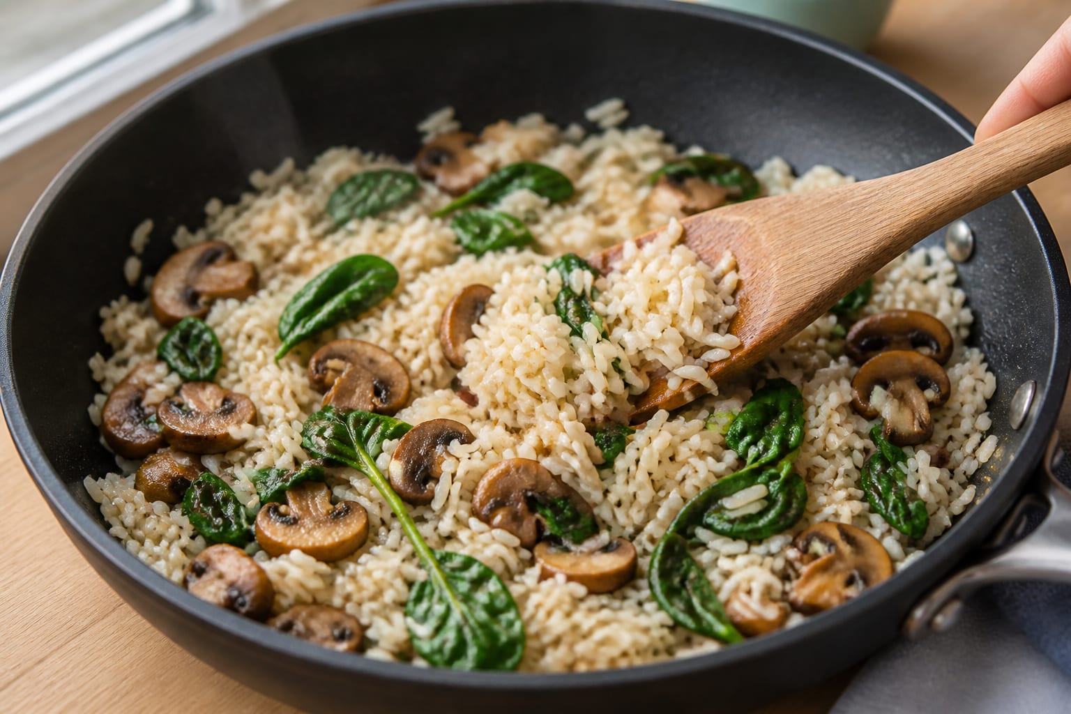Miso Mushroom Egg Breakfast Rice Bowls cooking step 4: Warm the rice and spinach.