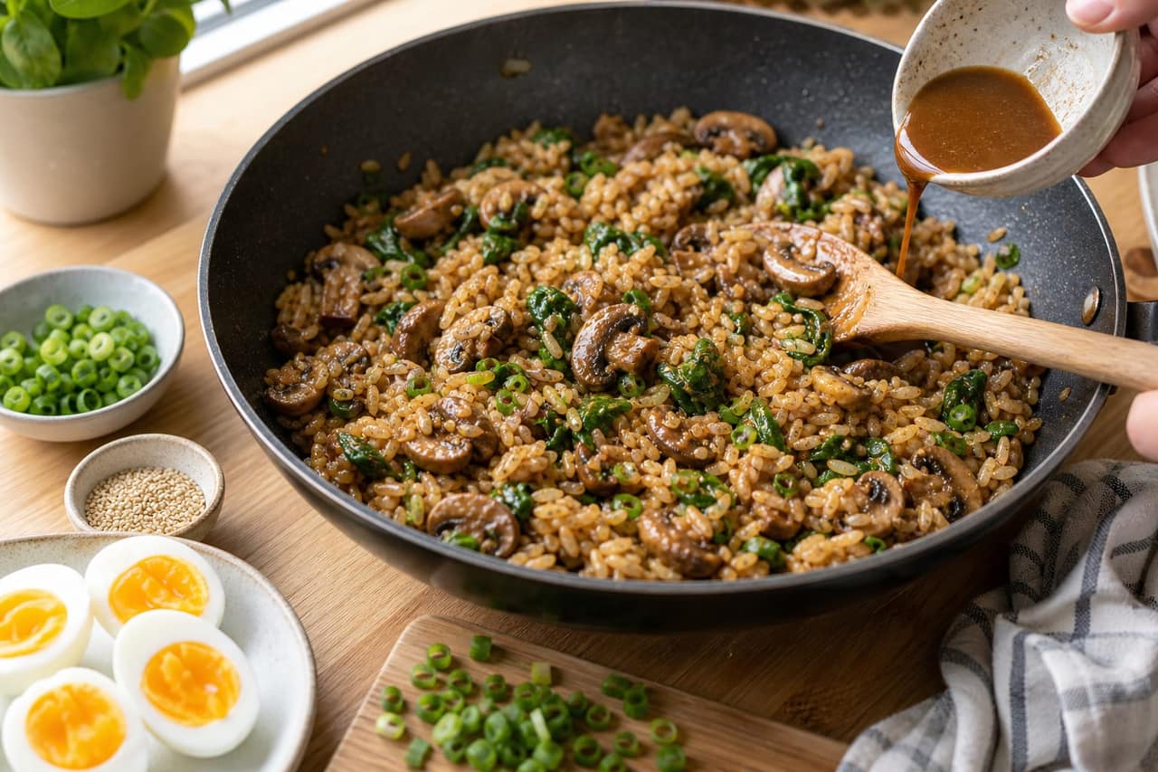 Miso Mushroom Egg Breakfast Rice Bowls cooking step 5: Glaze with miso.