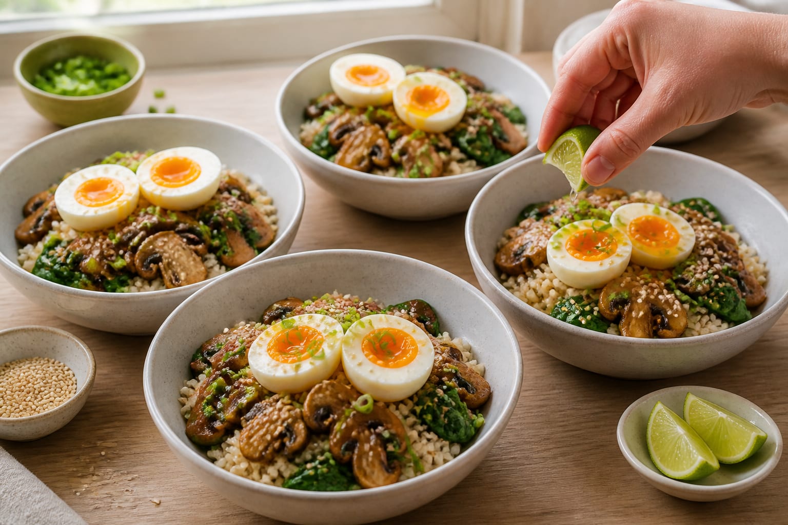 Miso Mushroom Egg Breakfast Rice Bowls cooking step 6: Serve with eggs and sesame.