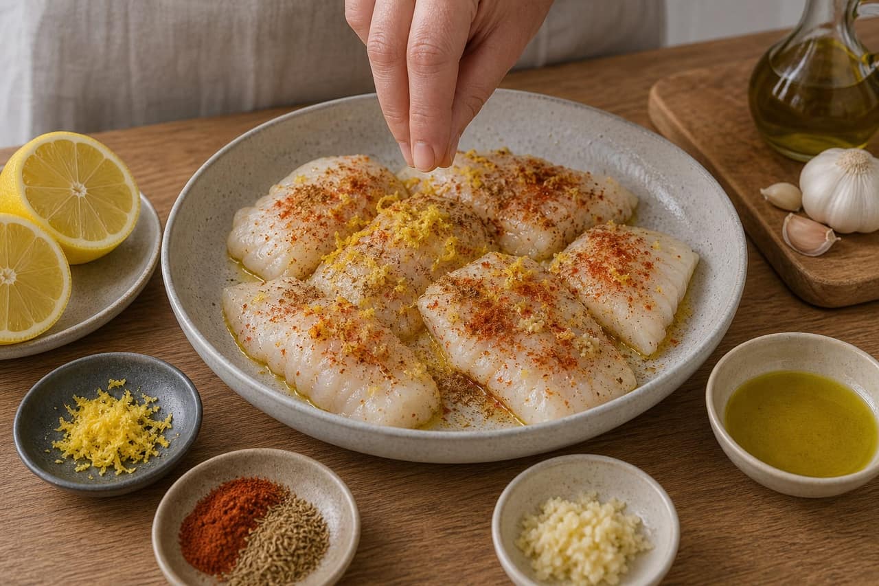 Moroccan-Style Fish Tagine Couscous Bowls cooking step 1: Season the fish.