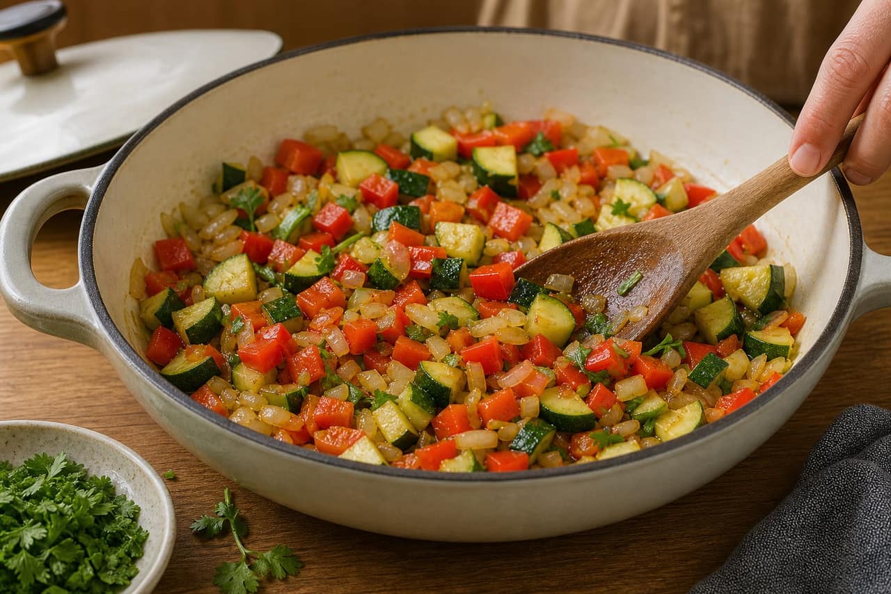 Moroccan-Style Fish Tagine Couscous Bowls cooking step 3: Cook the vegetable base.