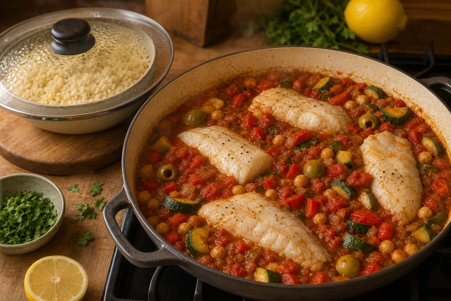 Moroccan-Style Fish Tagine Couscous Bowls cooking step 5: Steam the fish and couscous.