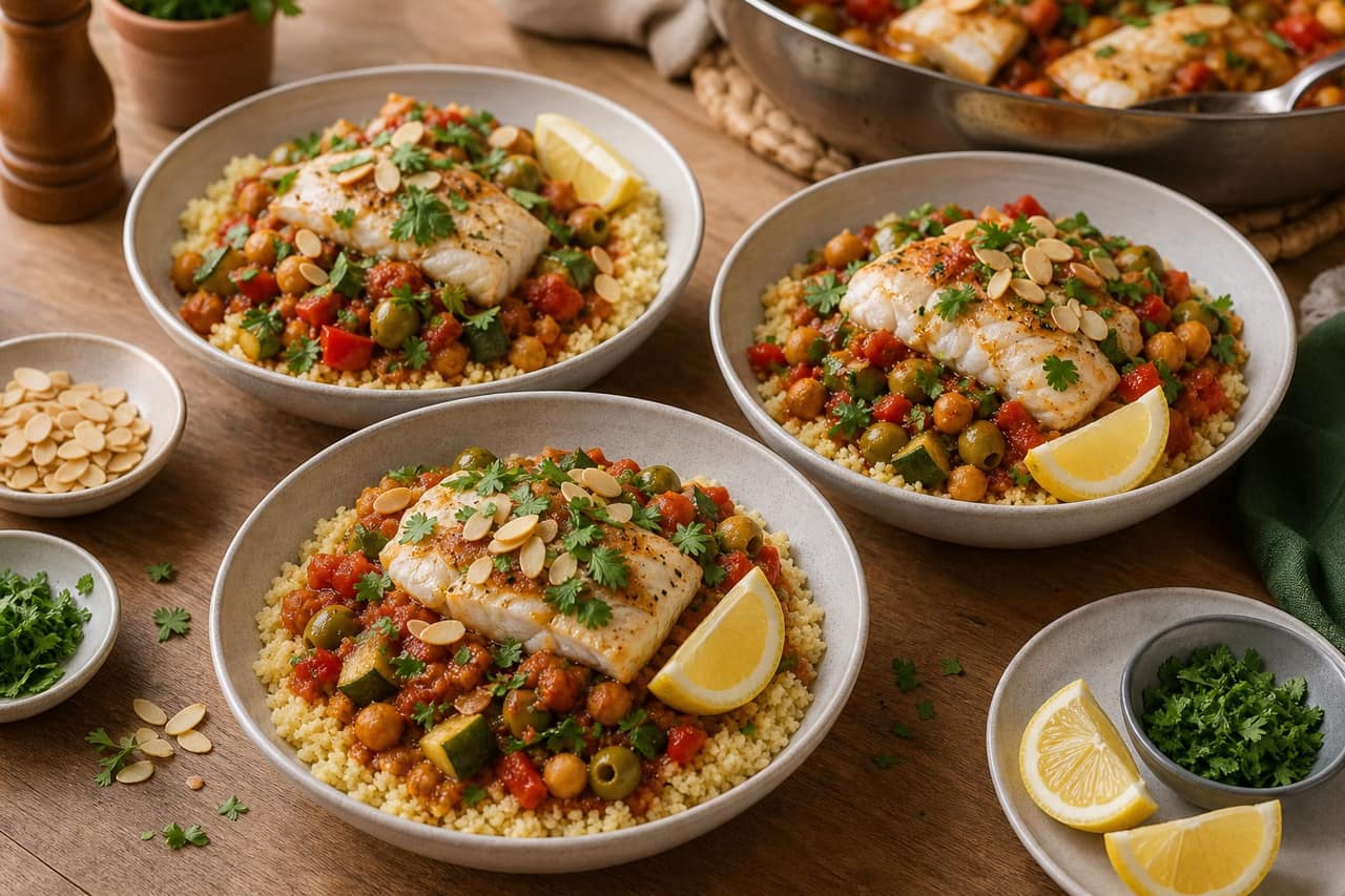 Moroccan-Style Fish Tagine Couscous Bowls cooking step 6: Serve the bowls.