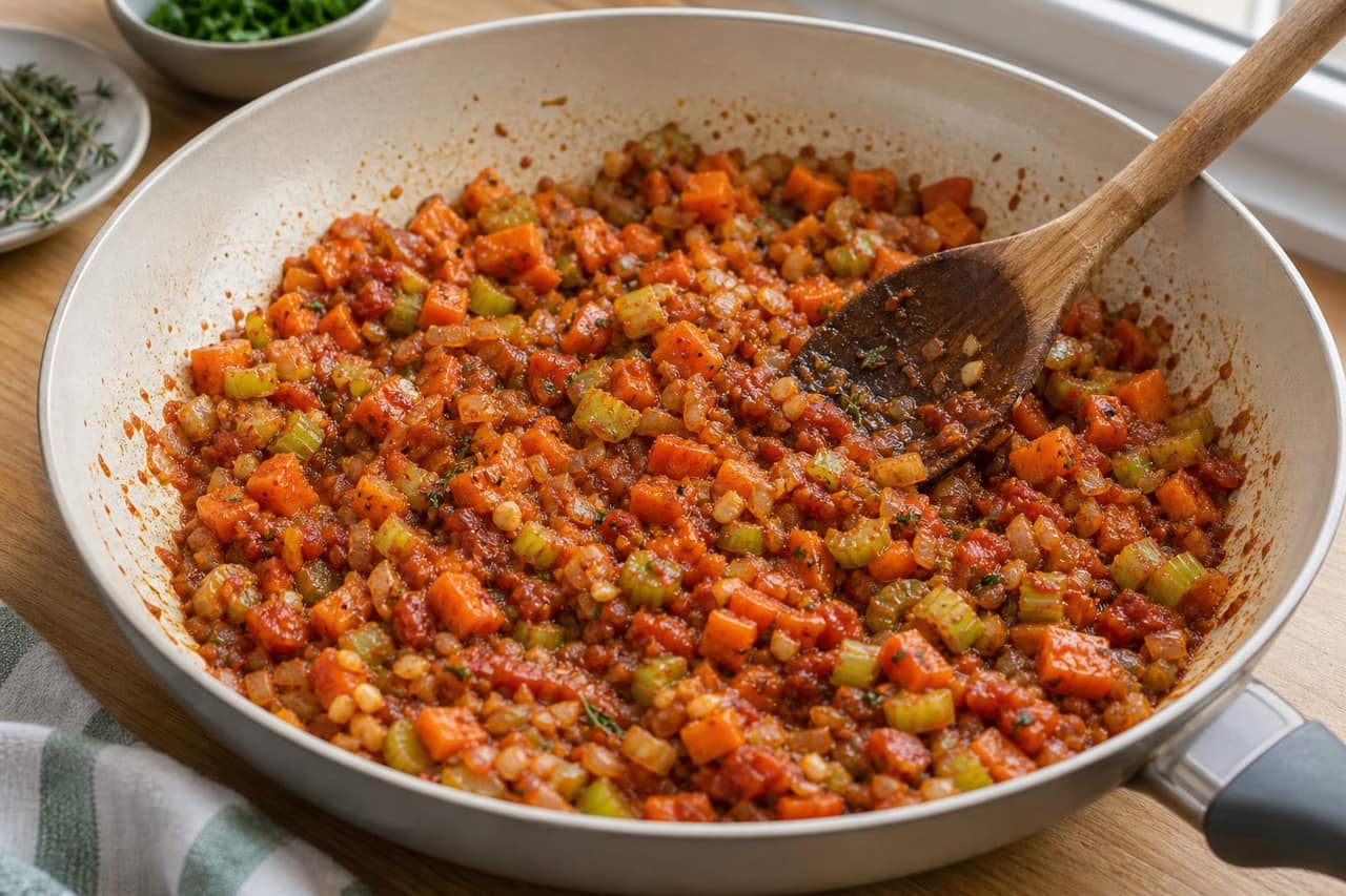 Mushroom Lentil Cottage Pie cooking step 4: Soften the base.