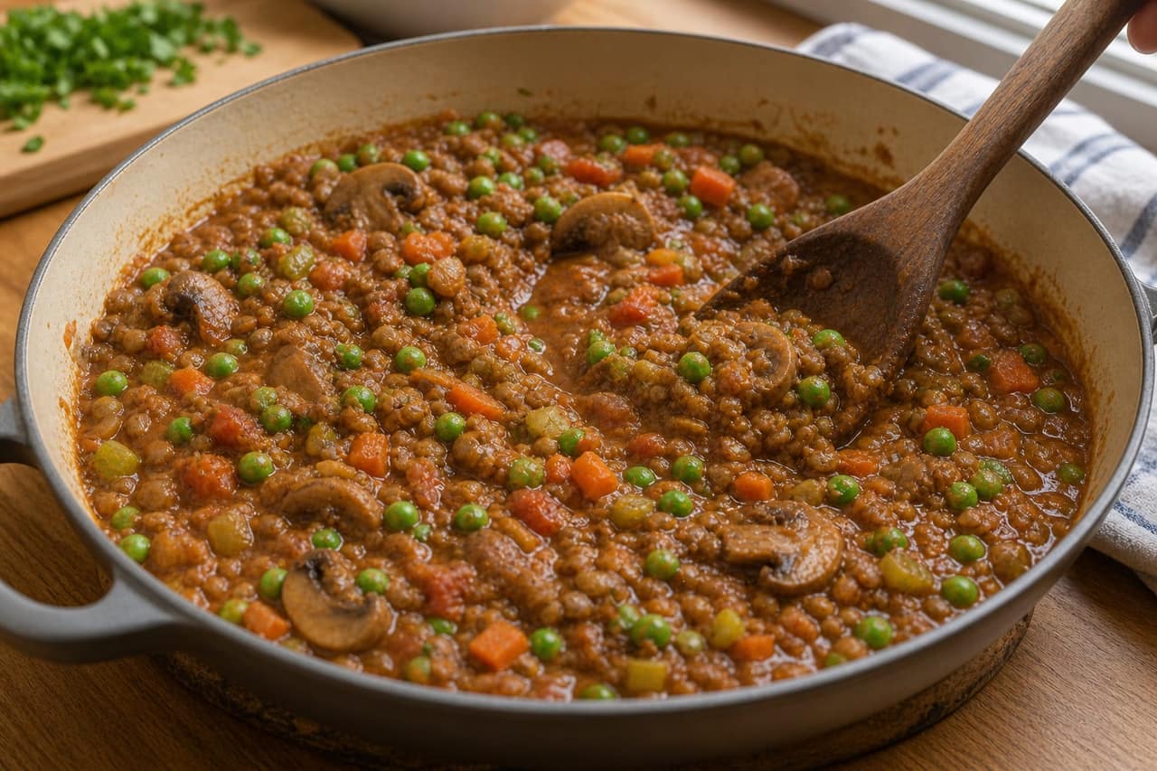 Mushroom Lentil Cottage Pie cooking step 5: Simmer the filling.