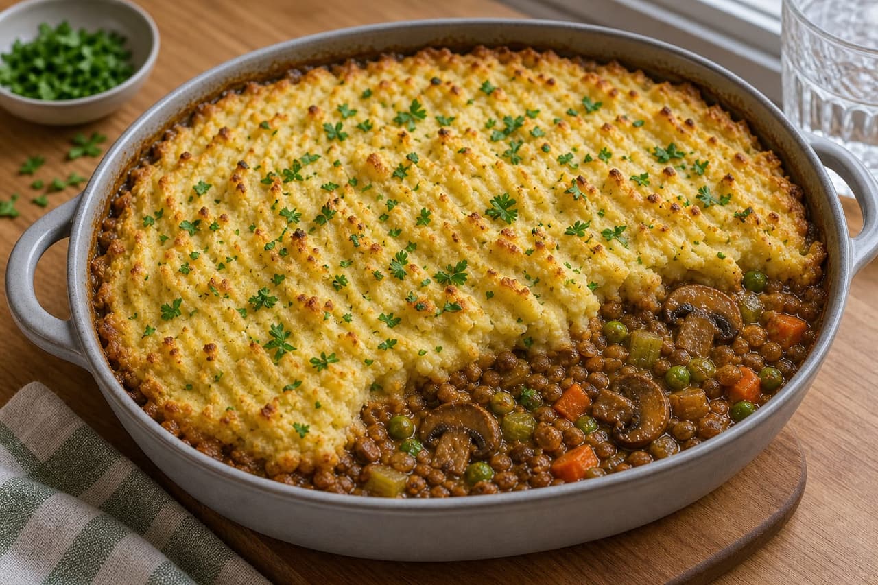 Mushroom Lentil Cottage Pie cooking step 6: Top and bake.