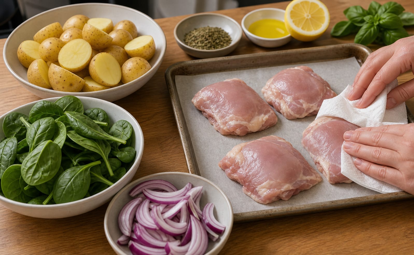 Oregano Chicken Spinach Traybake cooking step 1: Prepare the tray.