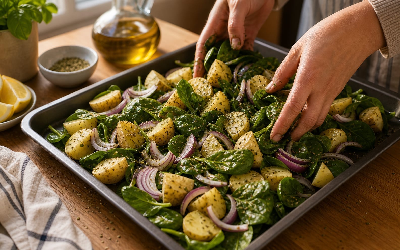 Oregano Chicken Spinach Traybake cooking step 2: Season the base.