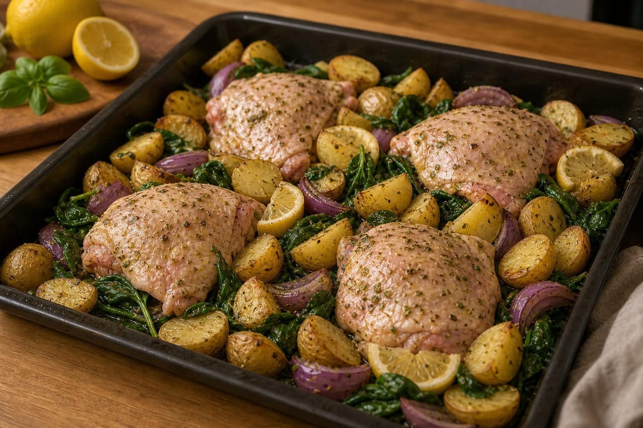 Oregano Chicken Spinach Traybake cooking step 4: Add the protein.