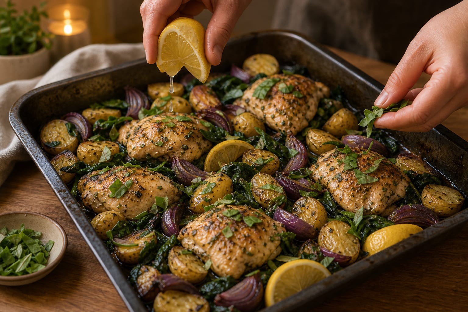 Oregano Chicken Spinach Traybake cooking step 5: Add freshness.