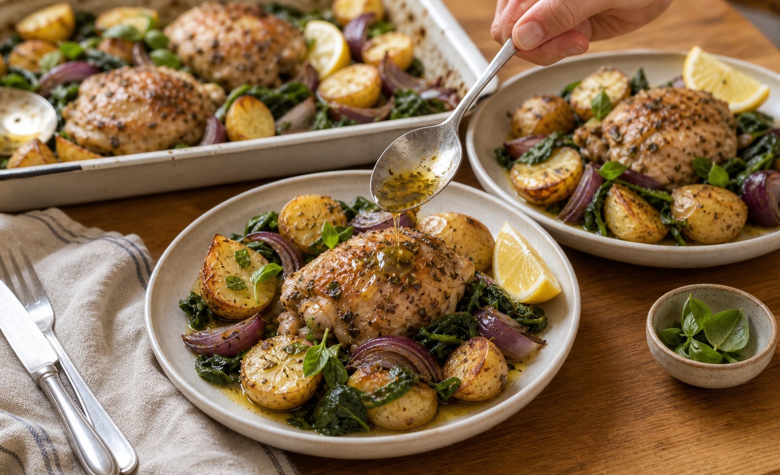Oregano Chicken Spinach Traybake cooking step 6: Serve.
