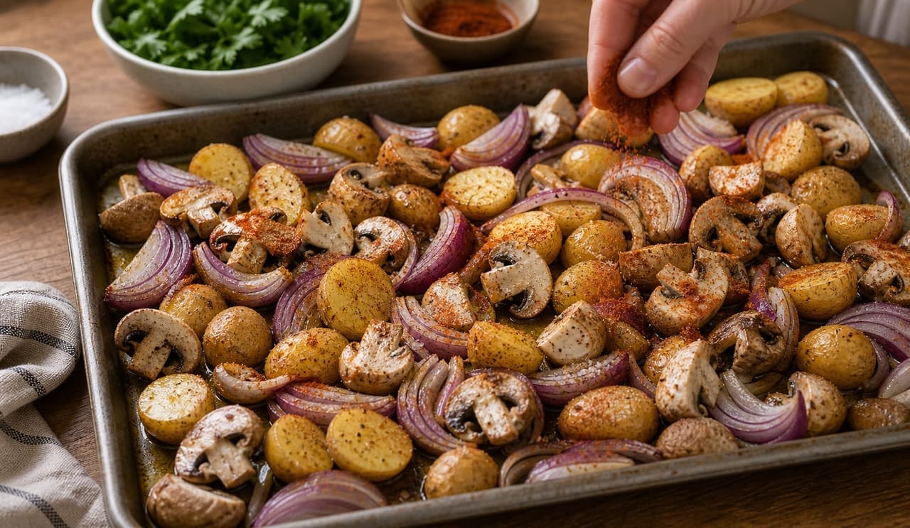 Paprika Chicken Mushroom Traybake cooking step 2: Season the base.