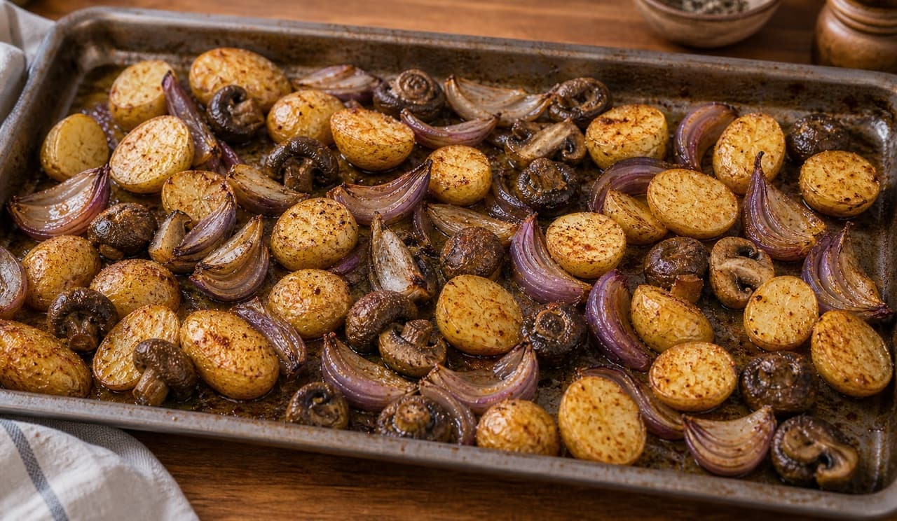 Paprika Chicken Mushroom Traybake cooking step 3: Roast the vegetables.