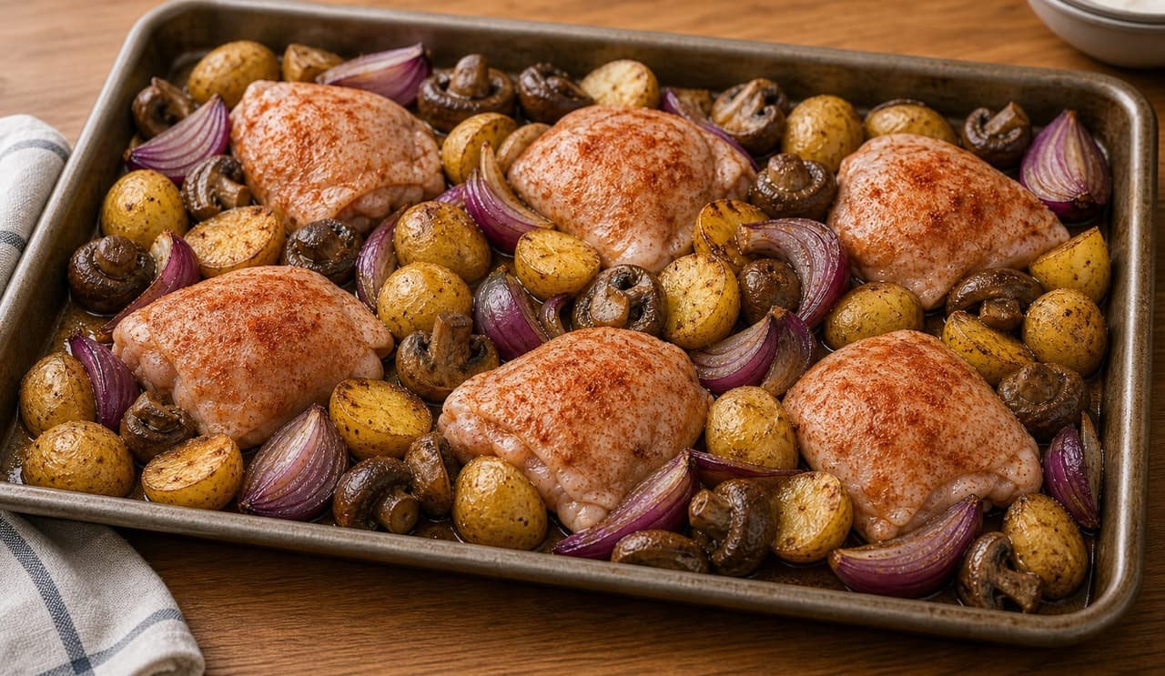 Paprika Chicken Mushroom Traybake cooking step 4: Add the protein.