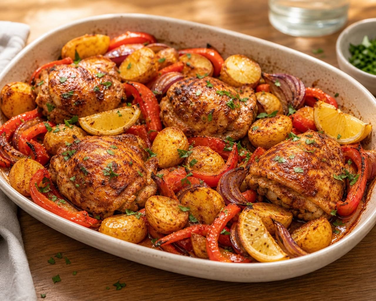 Smoky Paprika Chicken Pepper Traybake with Lemon and Parsley plated and ready to serve.