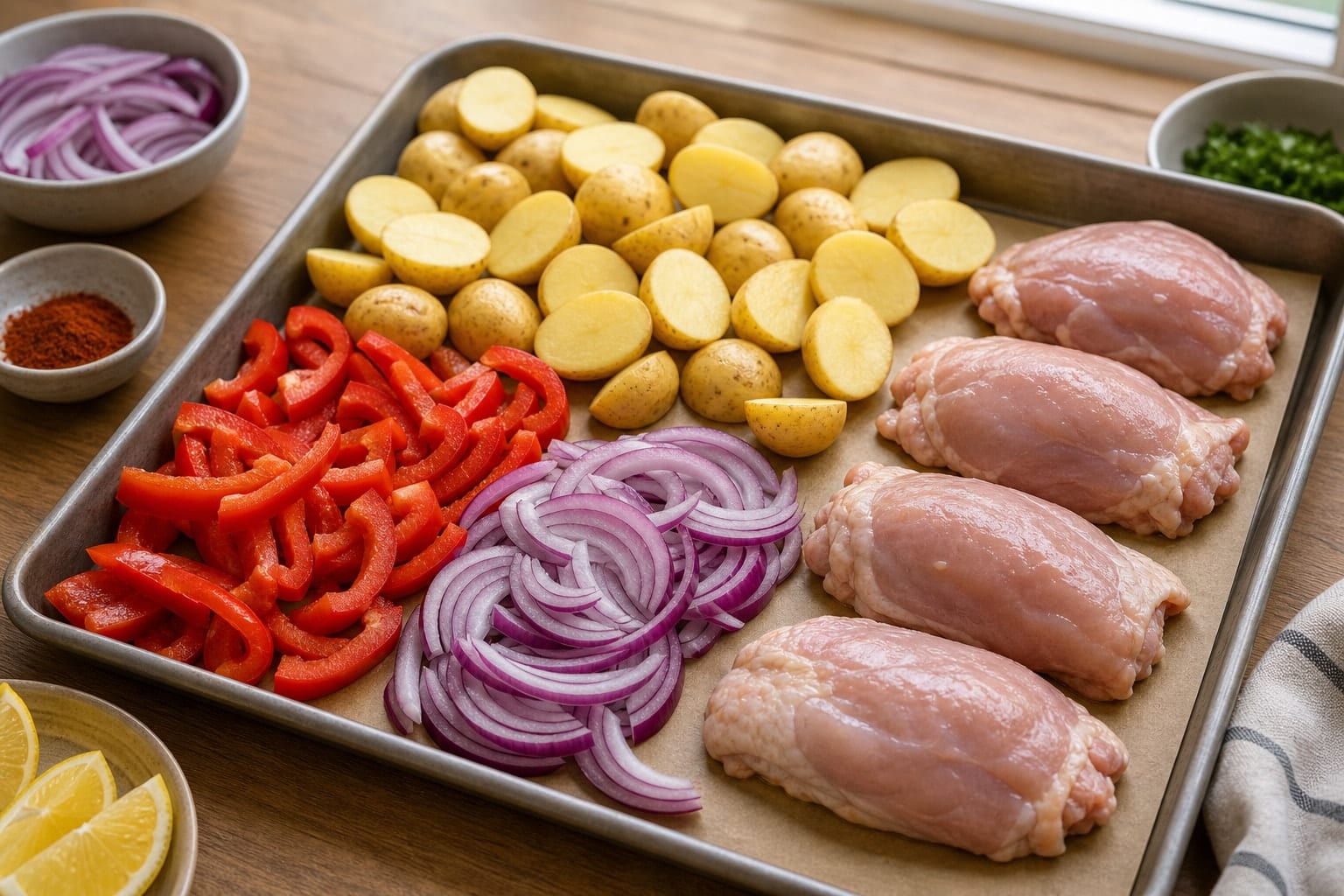 Smoky Paprika Chicken Pepper Traybake with Lemon and Parsley cooking step 1: Prepare the tray.