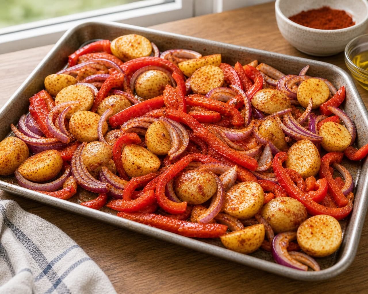 Smoky Paprika Chicken Pepper Traybake with Lemon and Parsley cooking step 2: Season the base.