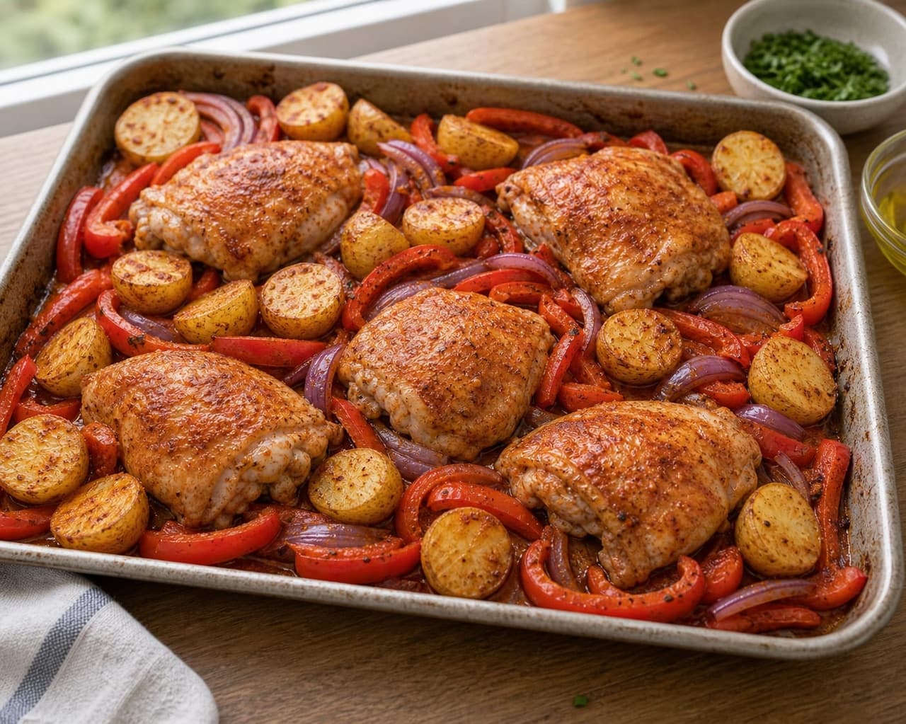 Smoky Paprika Chicken Pepper Traybake with Lemon and Parsley cooking step 4: Add the protein.