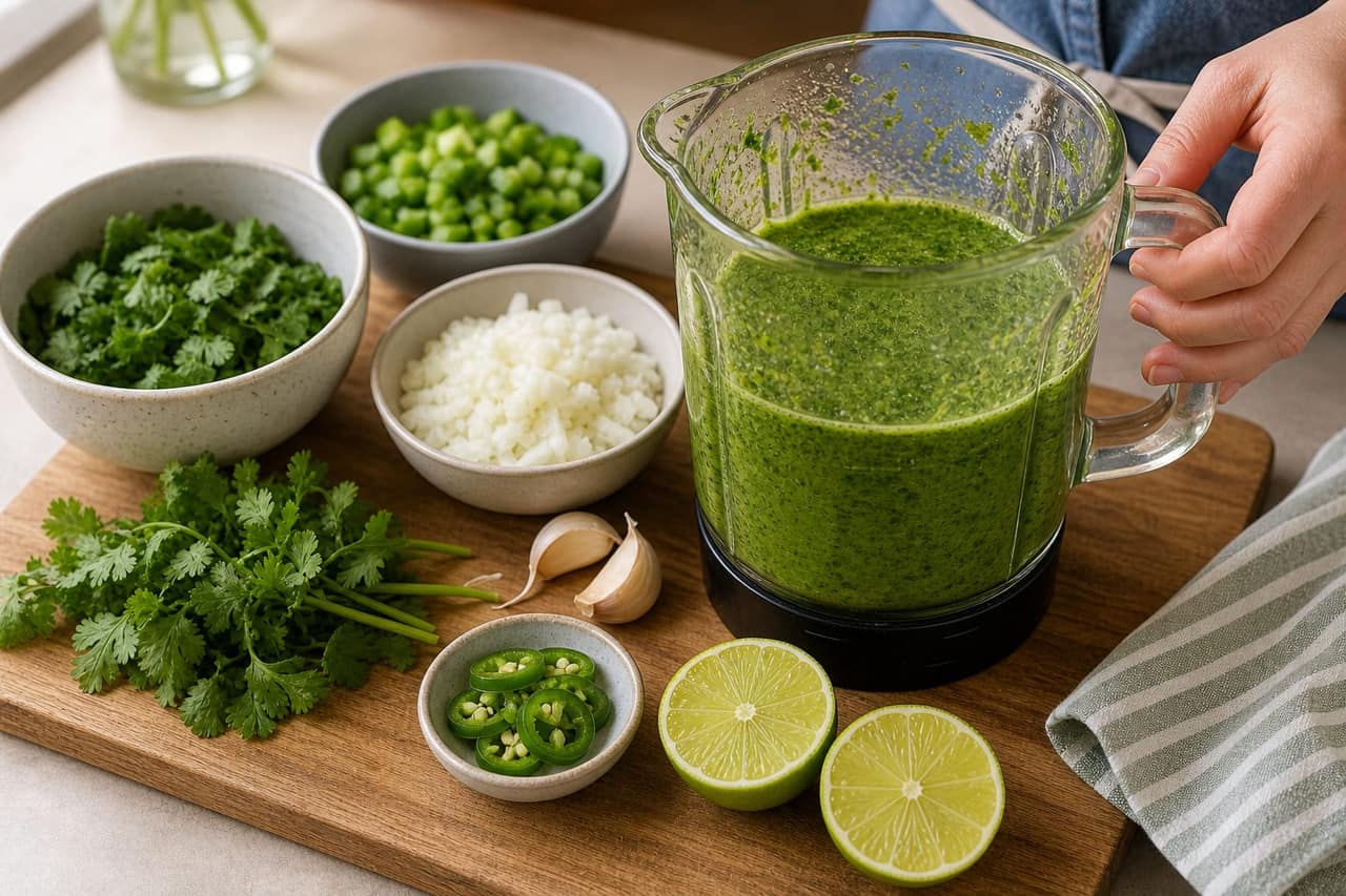 Peruvian-Style Green Chicken Rice Skillet cooking step 1: Make the green base.