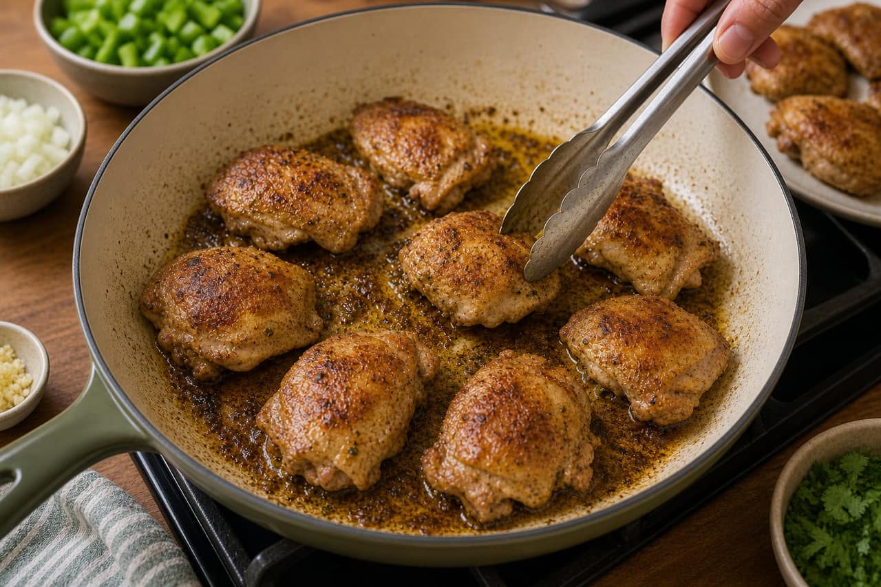 Peruvian-Style Green Chicken Rice Skillet cooking step 2: Season and sear the chicken.
