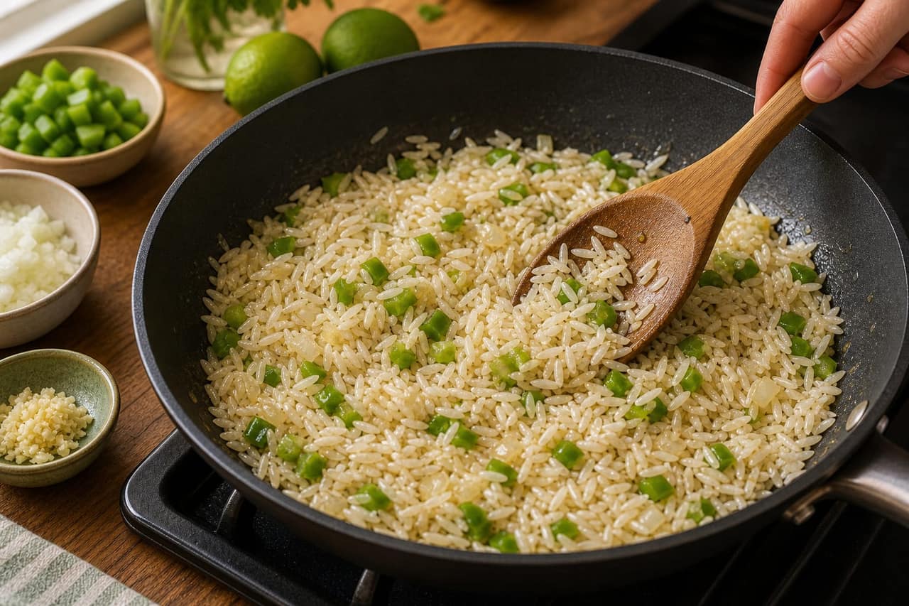 Peruvian-Style Green Chicken Rice Skillet cooking step 3: Toast the rice.
