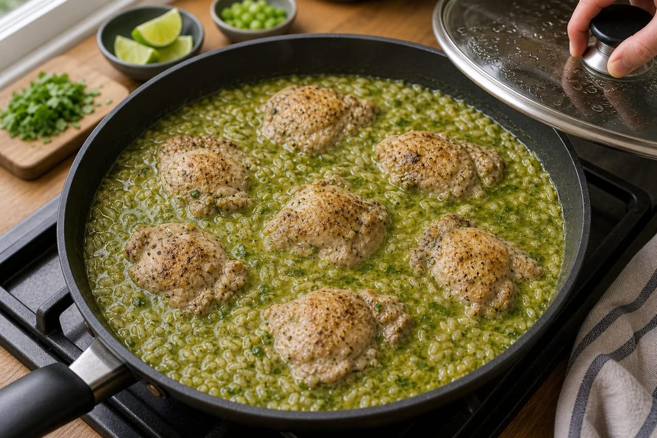 Peruvian-Style Green Chicken Rice Skillet cooking step 4: Simmer the green rice.