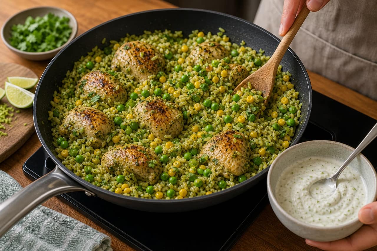 Peruvian-Style Green Chicken Rice Skillet cooking step 5: Finish with peas and sauce.