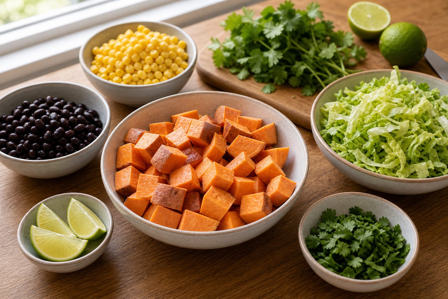 Sweet Potato Black Bean Rice Bowls cooking step 1: Prepare the veg and beans.