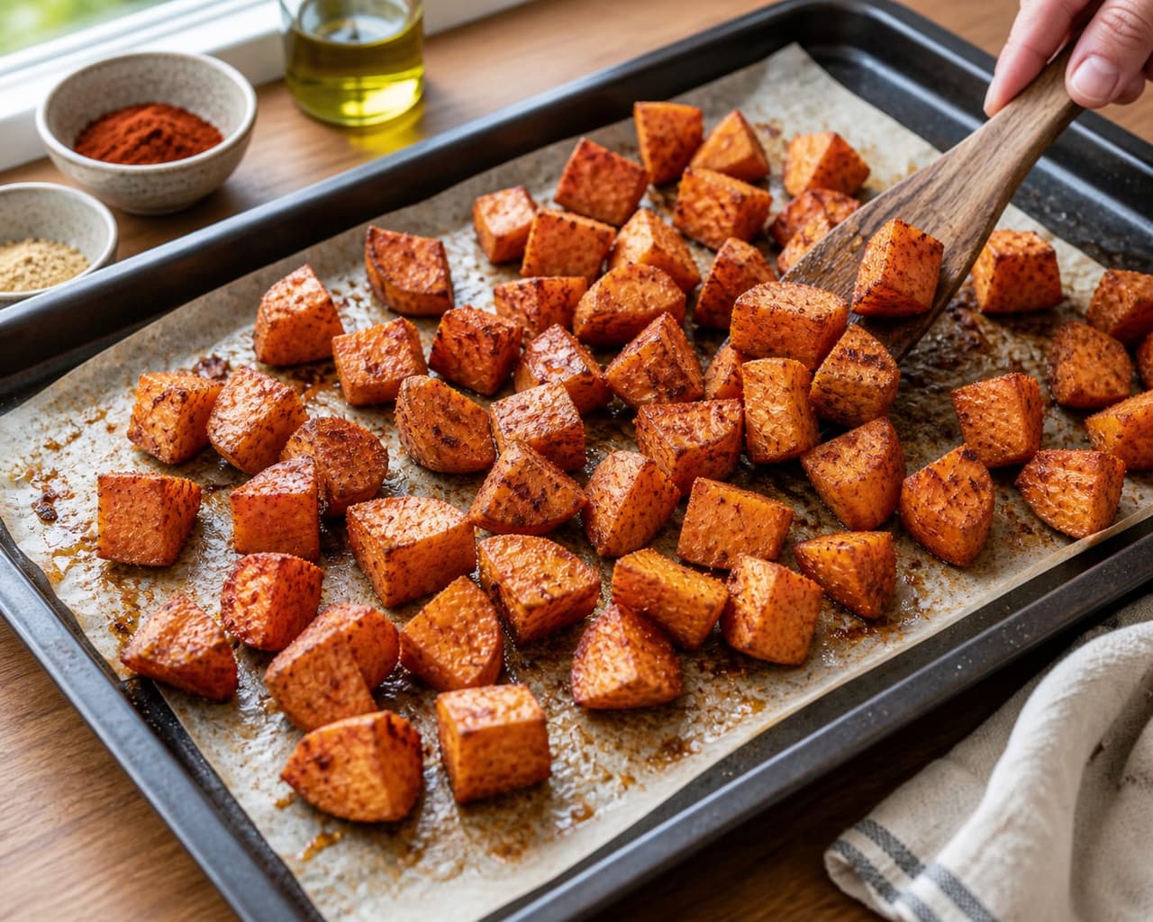 Sweet Potato Black Bean Rice Bowls cooking step 2: Roast the sweet potatoes.