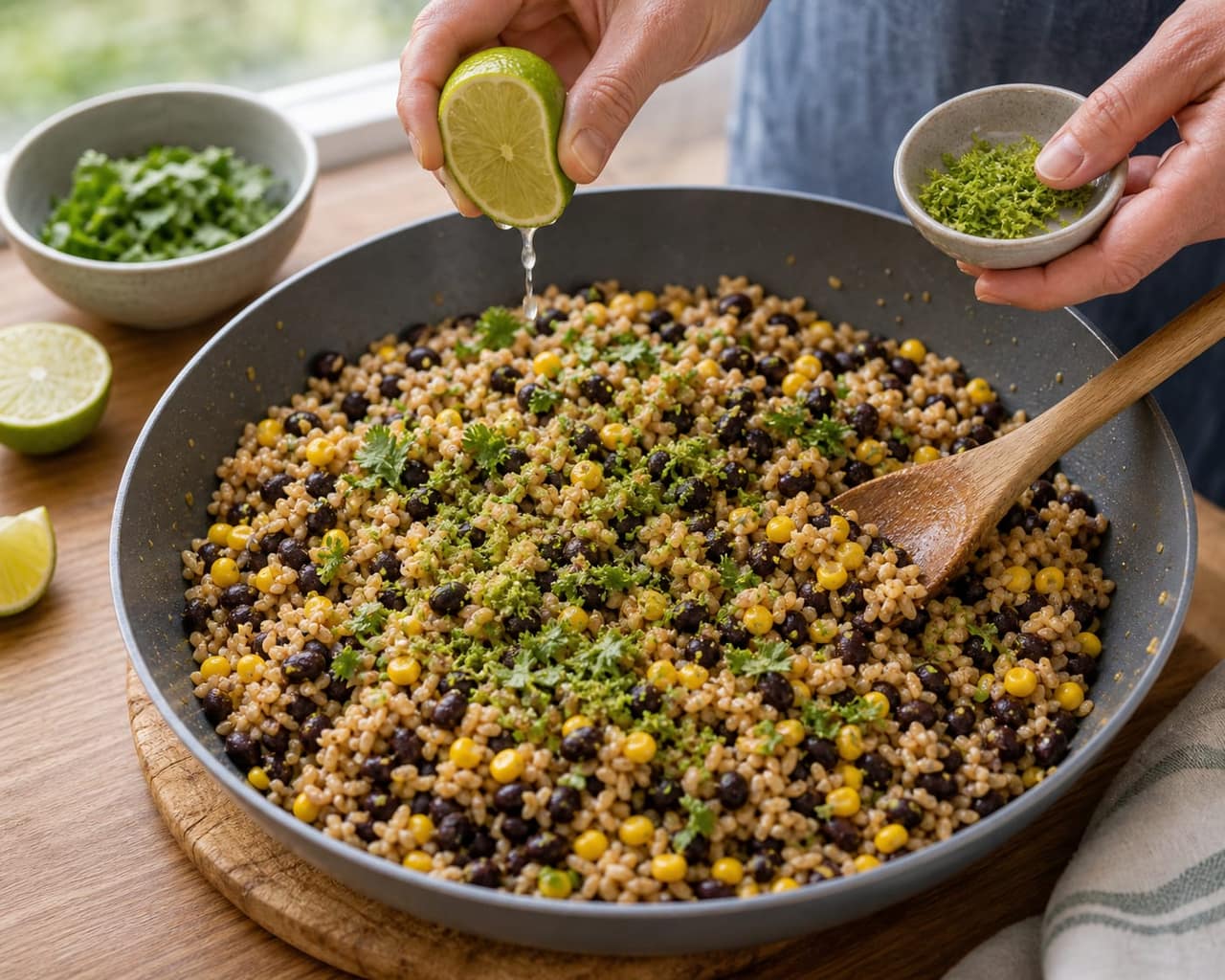Sweet Potato Black Bean Rice Bowls cooking step 4: Season with lime.