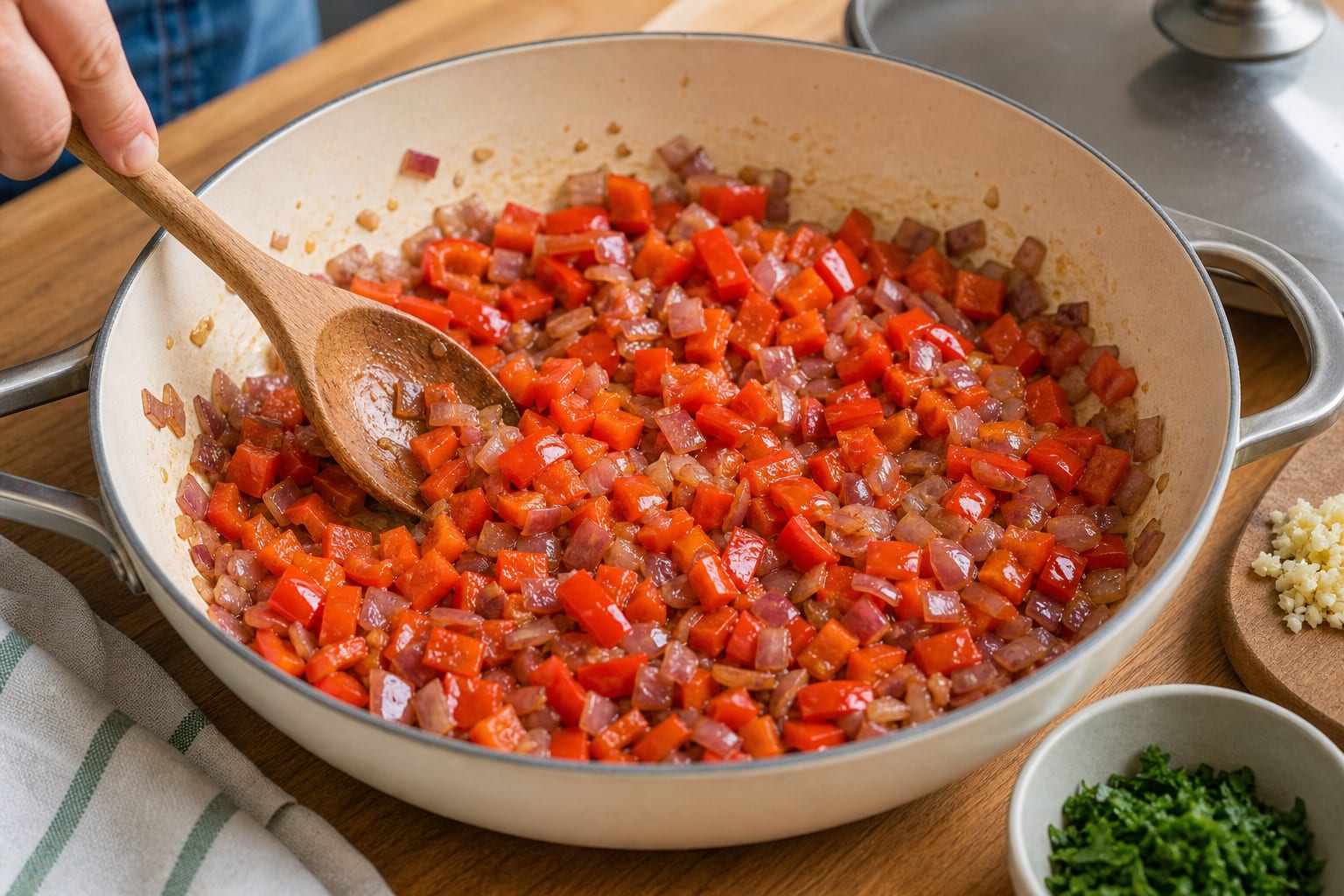Smoky Tomato Kidney Bean Rice cooking step 2: Soften the vegetables.