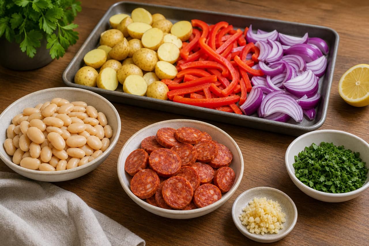 Spanish-Style Chicken Chorizo Butterbean Traybake cooking step 1: Prepare the traybake.