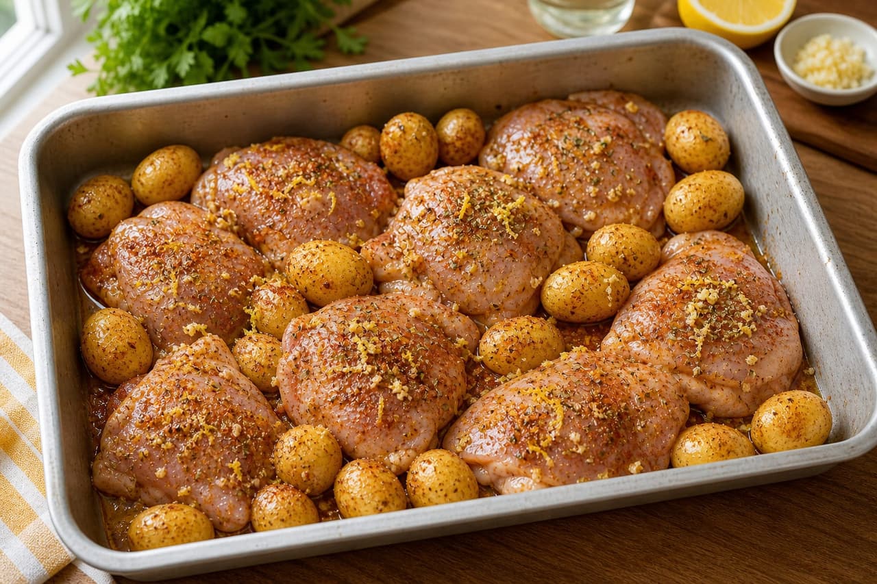Spanish-Style Chicken Chorizo Butterbean Traybake cooking step 2: Season the chicken and potatoes.