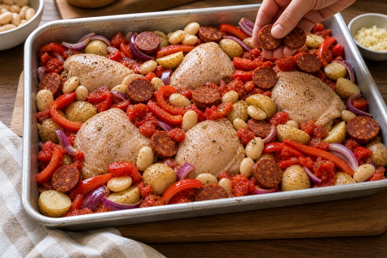 Spanish-Style Chicken Chorizo Butterbean Traybake cooking step 4: Add the beans and chorizo.