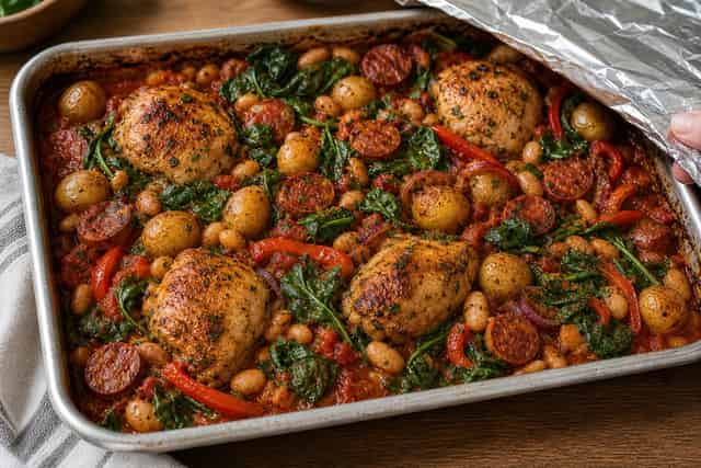 Spanish-Style Chicken Chorizo Butterbean Traybake cooking step 5: Wilt the spinach.
