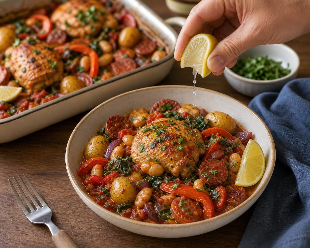 Spanish-Style Chicken Chorizo Butterbean Traybake cooking step 6: Finish and serve.