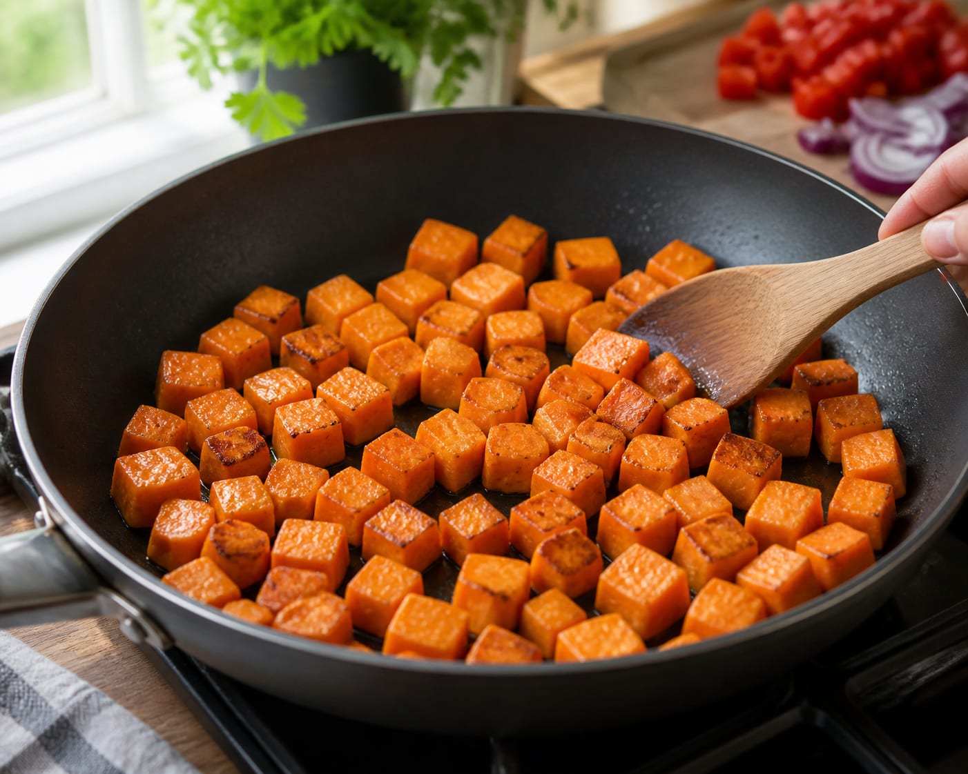 Sweet Potato Bean Breakfast Hash cooking step 2: Brown the sweet potatoes.